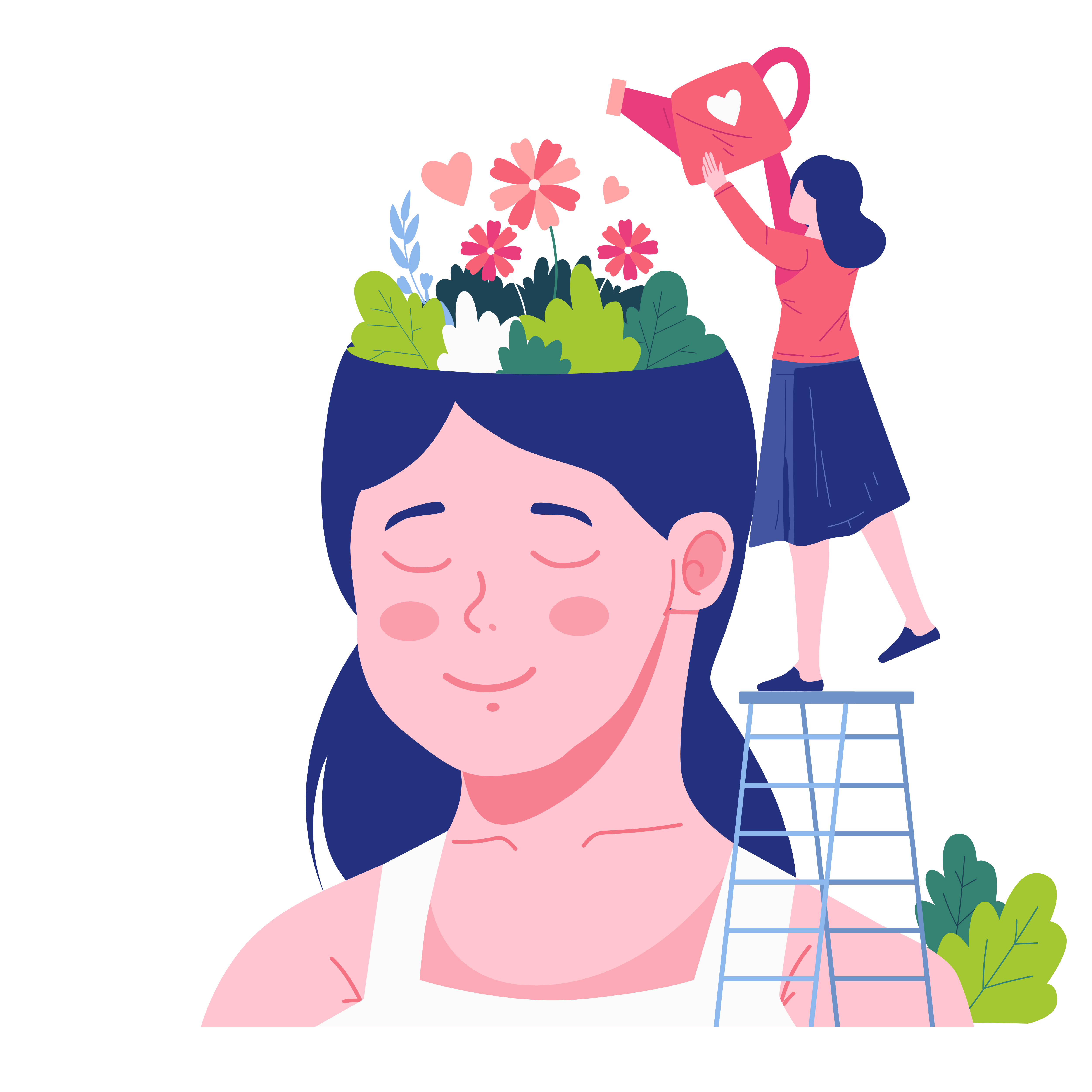 Illustration of a woman with flowers growing out of her head, while another woman stands on a ladder watering the flowers.