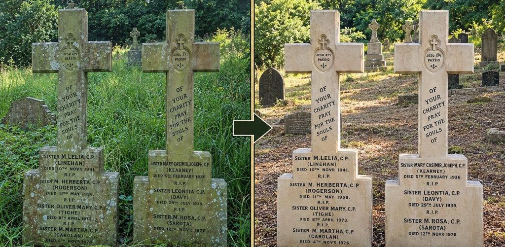 Before and after: restoration of the Passionist Sisters’ graves.