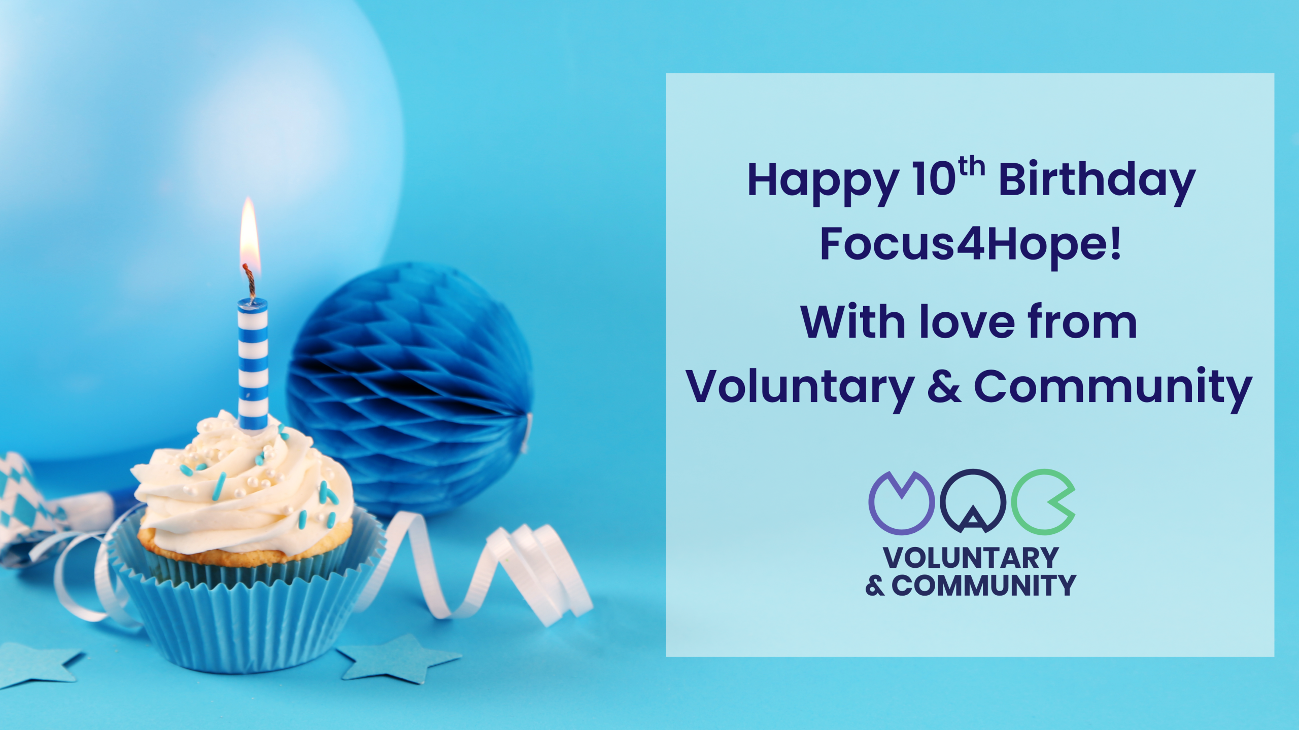 Blue background with a cupcake and lit candle, featuring the text “Happy 10th Birthday Focus4Hope with love from Voluntary & Community.”